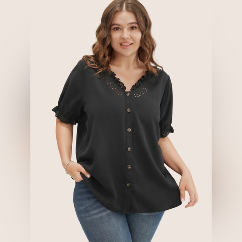 Bloomchic Navy Blue Solid Lace Trim Button Up Las… - image 1